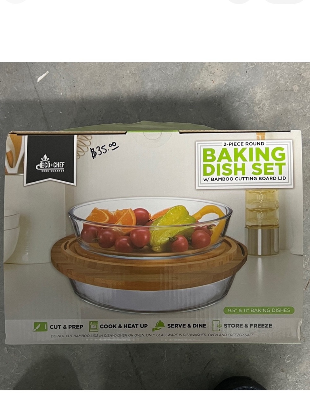 2-Piece Round Baking Dish Set with Bamboo Lid - Clear and Brown